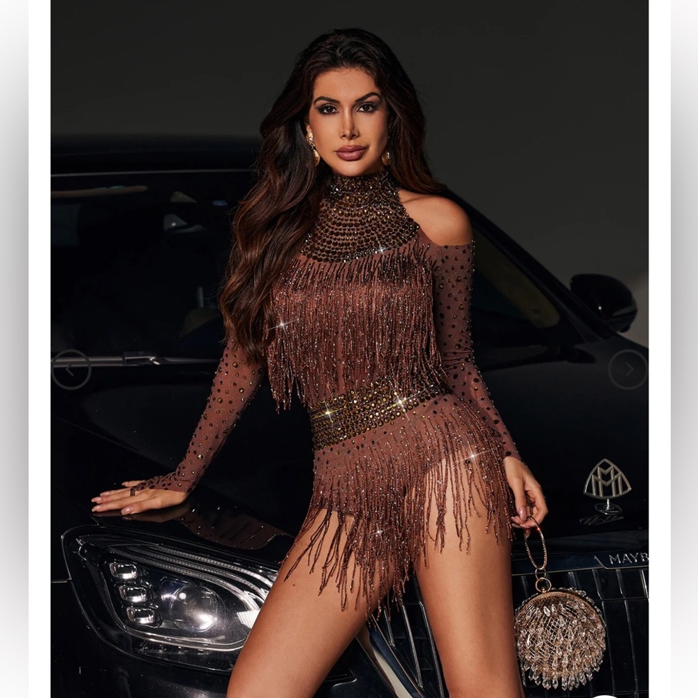 Mew Mews — Safa Rhinestone Glitter Fringe Bodysuit - Picture 2 of 6